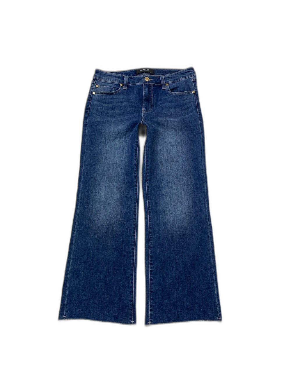 NWOT Liverpool 90s Mid Rise Crop Flare Jeans Raw Hem Dark Wash Stretch Size 8/29
